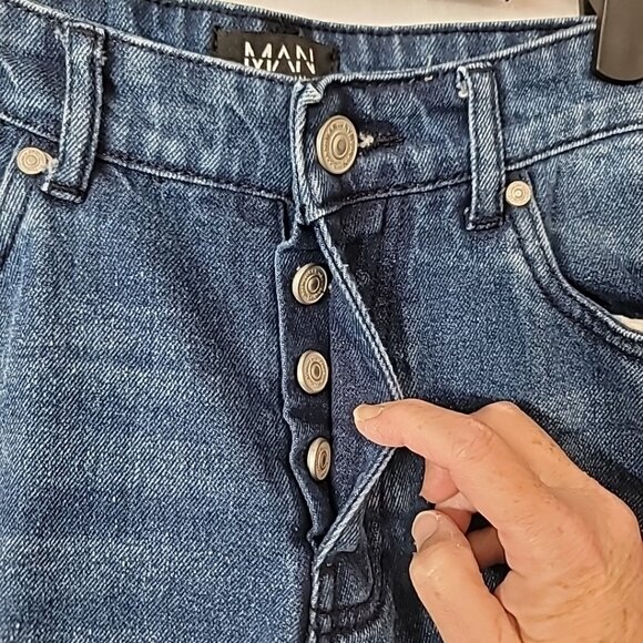 Boohoo Man Mens 32x30 Button Fly Blue Denim Flare Double Zip Panel Jeans - Picture 7 of 16